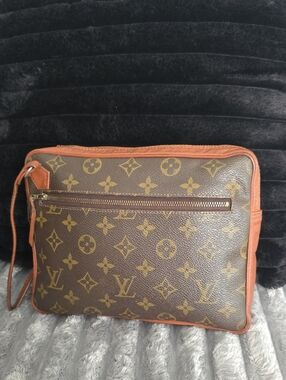 Louis Vuitton Brown Monogram Canvas Men's Clutch Wristlet with Tan Trim